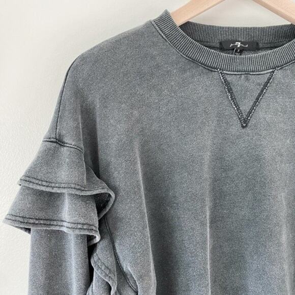 7 For All Mankind Oversized Cropped Sweatshirt Sweater Ruffled Charcoal Grey S - Picture 5 of 11